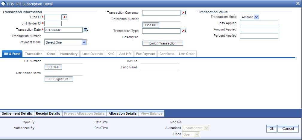 Select 'New' from the Actions menu in the Application tool bar or click new icon to enter the details of the IPO Subscription transaction Specify the Transaction Information, Unit Holder ID,