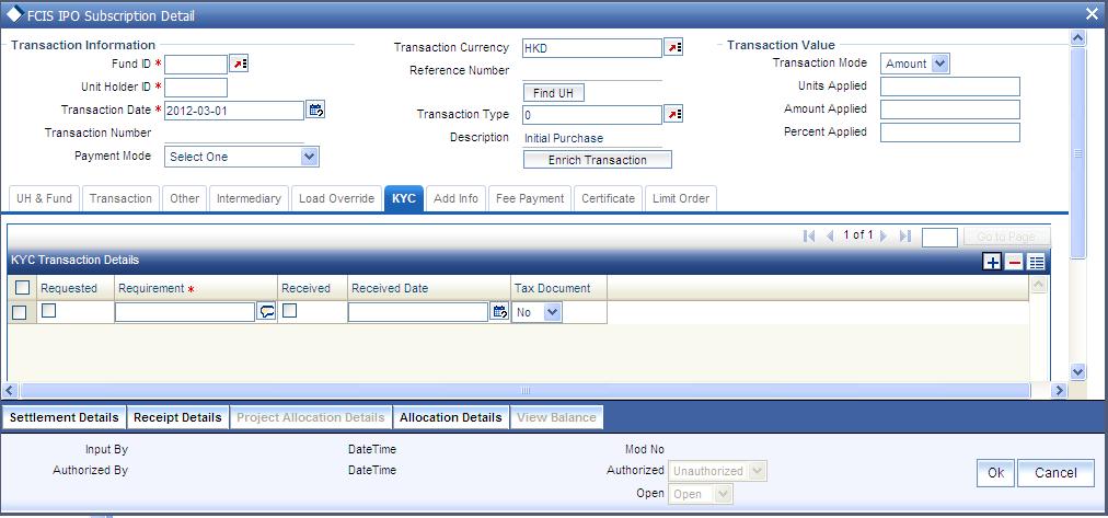 4.6.2.10 KYC Section Click on KYC tab in the FCIS IPO Subscription Detail screen. 28. Click on the KYC and Documents section to access the KYC Transaction KYC Details screen.