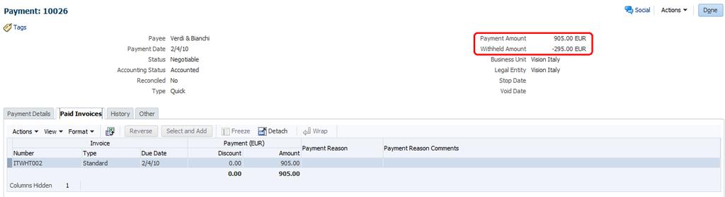 Pay the invoice created above. Note that the payment amount is less than the full invoice amount. The difference is the withholding amount. Account the payment.