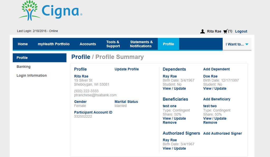 HSA Bank Customer Portal Profile Summary Within the Profile tab there is a Summary page and a