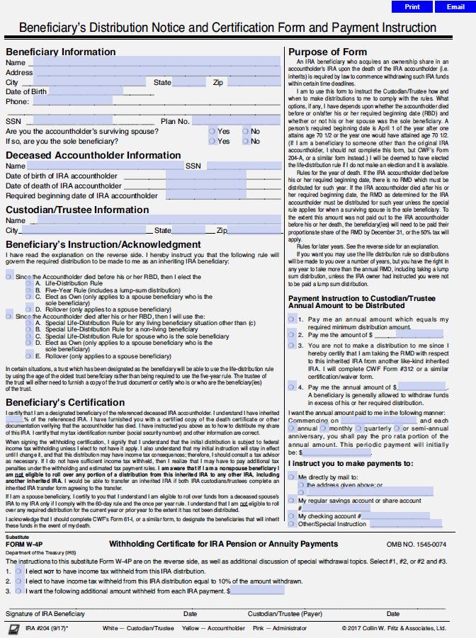 Inherited IRAs for Non-Spouse Beneficiaries CWF s Form 204 Beneficiary Instruction Form: Put a