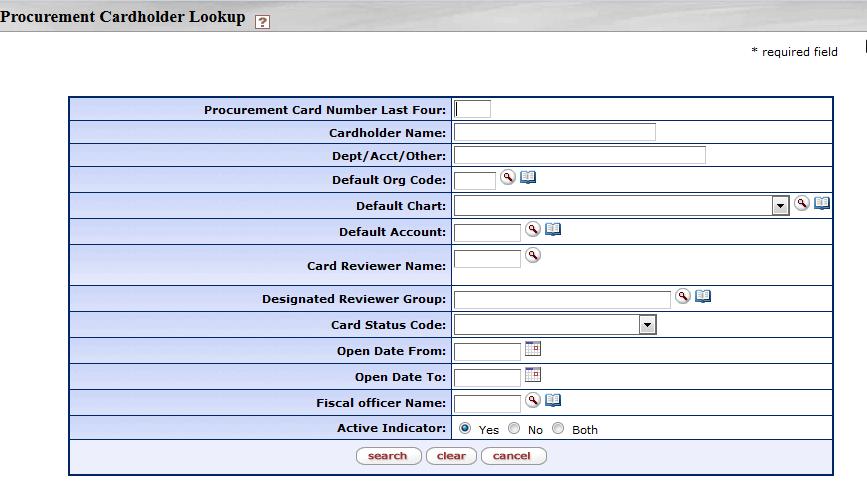 Procurement Cardholder Document Procurement Cardholder link is available from the KFS Main Menu Any FIS user can perform lookups against the Procurement
