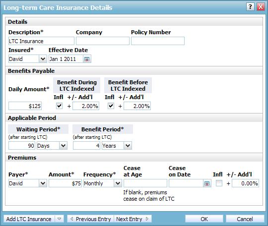 Figure 97: Long-term Care Insurance Details dialog box (Level 2 Plan) 6. Enter the remaining details about the policy.