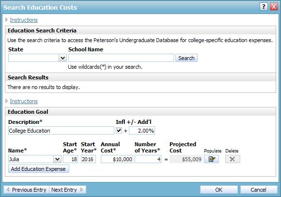 5. Under Search Results, select the school of your choice, and then select an expense option (for example, Tuition or Tuition/Room). 6. Click OK to close the Search Education Costs dialog box.