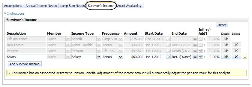 enter the details of the need in the fields that appear. 11. Go to the Survivor s Income tab.
