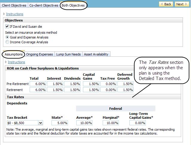Figure 126: Set Goals section Survivor Income category Both Objectives page Assumptions tab (Level 2 Plan, Detailed Tax method and Goal, and Expense Analysis method selected) 2.