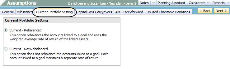 Figure 8: Plan Management section Assumptions category Current Portfolio Setting page 2.