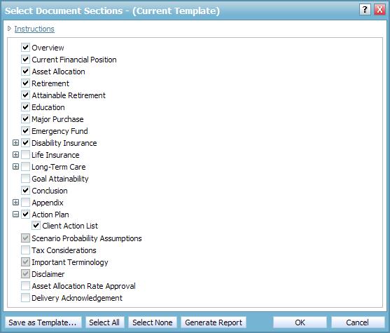 Figure 176: Select Document Sections dialog box 5. Select the sections you want included in the report. 6. To view the subsections for a section, click the + beside that section.