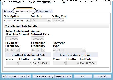 Entering the sale of a business entity To enter the sale of a business entity, follow these steps: 1. In the Business Entity Details dialog box, go to the Sale Information tab.