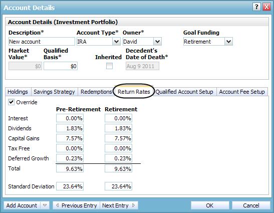Figure 38: Account Details dialog box Return Rates tab 4. Select the Override check box, and then revise the return rates and standard deviations.