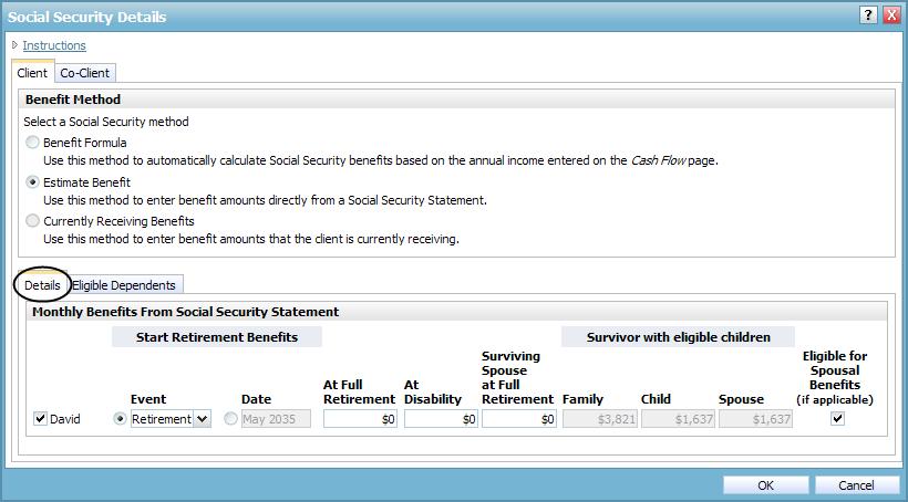 Figure 73: Social Security Details dialog box Details tab (Level 2 Plan, Estimate Benefit method selected) 5.