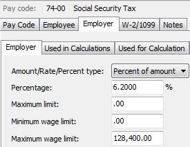 Select the Social Security Pay code in use at your site. 3. On the Employee tab > Employee sub tab. Verify the Maximum Wage Limit for 2018 of 128,400.