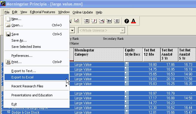 Exporting the Current View Saving, Printing and Exporting in the Research View The Export function allows you to extract data from Principia into an Excel spreadsheet.