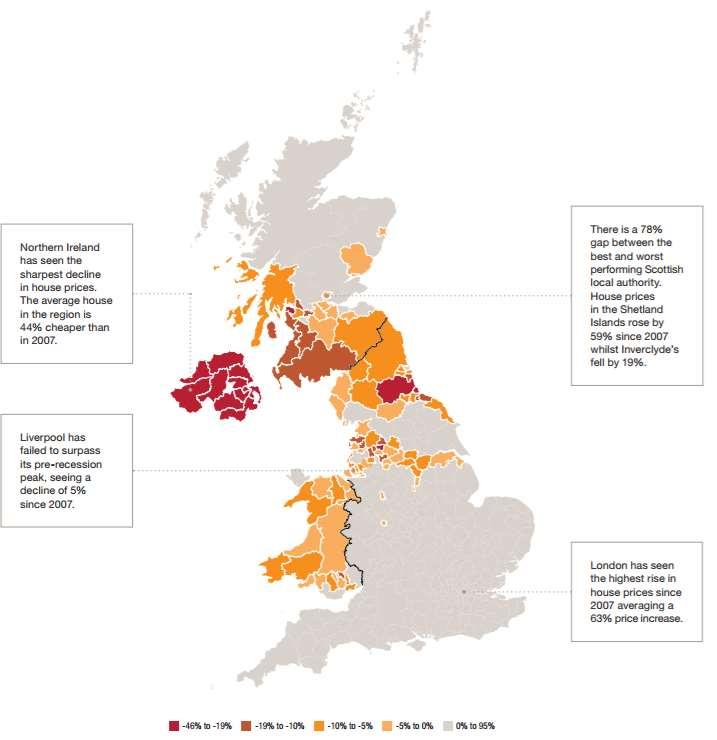 A quarter of all UK local authorities still have house prices below their pre-crisis 2007 peaks, with the sharpest shortfall being seen in Northern Ireland and