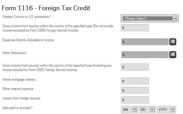 Form 1116 Foreign Tax Credit (continued) Select the country that imposed the tax. Enter the gross INCOME of this category type in both places (not the tax). Enter the date the tax was paid or accrued.