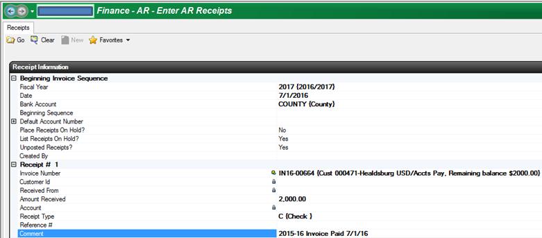 7. Entering AR Receipts (Invoices that have been processed through Year End Closing) Go to Finance AR Enter AR Receipts NOTE: Cannot deposit funds in FY16