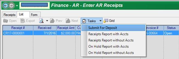 Type: C{Check} is default or use drop down to select Enter a Comment Continue entering AR Receipts Click Go to create batch From List go to Tasks to select