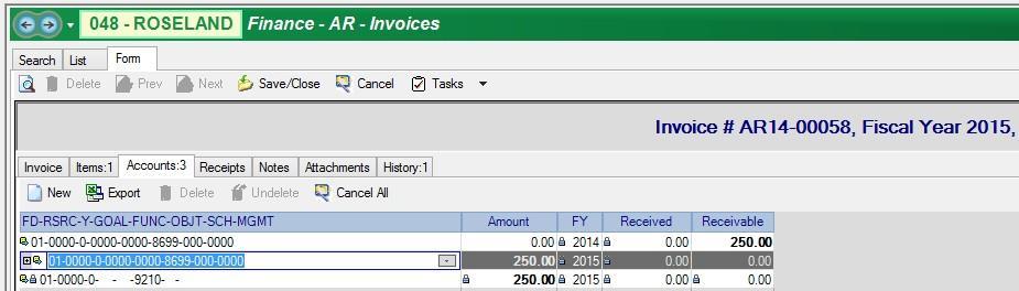 2. Go to the Items tab and adjust the item amounts as necessary. 3. From the Accounts tab enter or adjust the receivable amount in the Receivable field of the prior year revenue account.