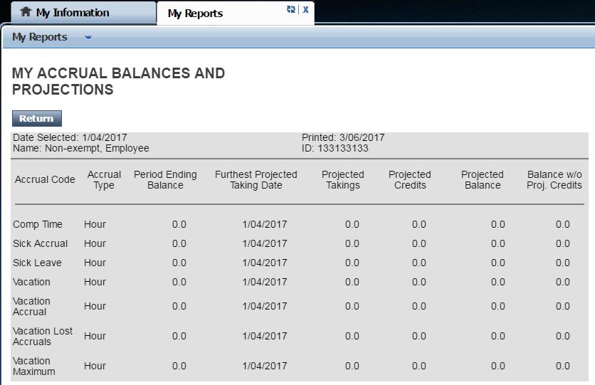 : For employees, viewing the accrual balance report Viewing the Time Detail Report Continued 1. The Accrual Balance report will appear.