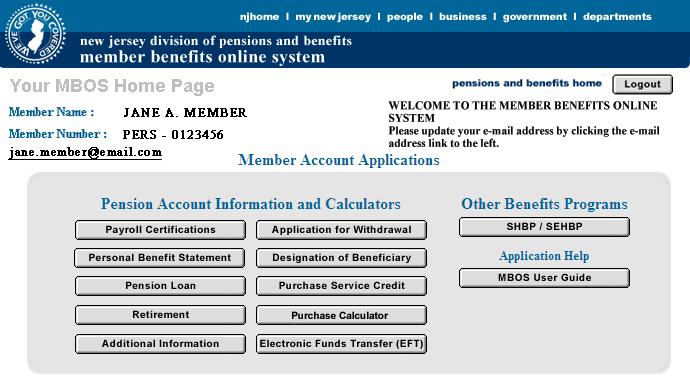 You will find buttons that open the MBOS Applications. These applications provide information about your pension account and link you to benefit calculators and online application forms.