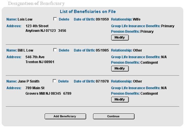Click the "Modify" button to change any information displayed for a currently listed beneficiary. Click the "Add Beneficiary" button to add a new beneficiary to the existing list.