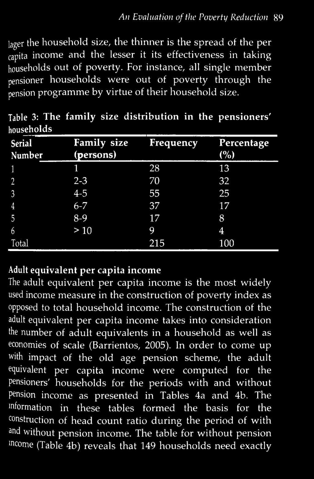 incom e. The construction of the adult equivalent per capita incom e takes into consideration the number of adult equivalents in a household as well as economies of scale (Barrientos, 2005).