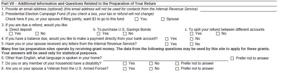 The Interview Process: Form 13614-C Part VII - Additional Information The taxpayer will indicate how they want to receive their refund in this section.