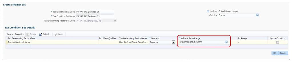 Click on next and select create from the list of values for the tax condition set.