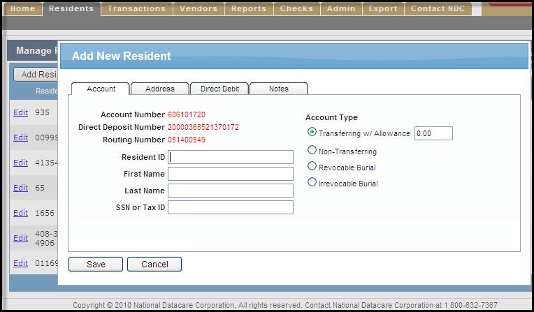 Opening a New Resident Account on the Computer Opening a New Resident Account Through RFMS Online 1. Go to the Residents tab and click on Add Resident. 2.