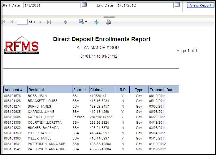 Direct Deposit Enrollments Direct Deposit Enrollments RFMS Online can produce a summary list direct deposit enrollments. To print a list direct deposit enrollments: 1. Go to the Reports tab. 2.