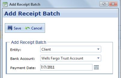 Choose the proper entity (client or payee) and bank account. The payment date will default to the current date. Click Save to create the batch.