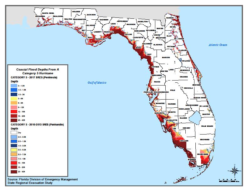 Figure 31: Coastal Flood Depth, Category 5 Hurricane This map shows that the entire west coast of Florida, along with the upper half of the eastern coast and the Florida Keys are susceptible to