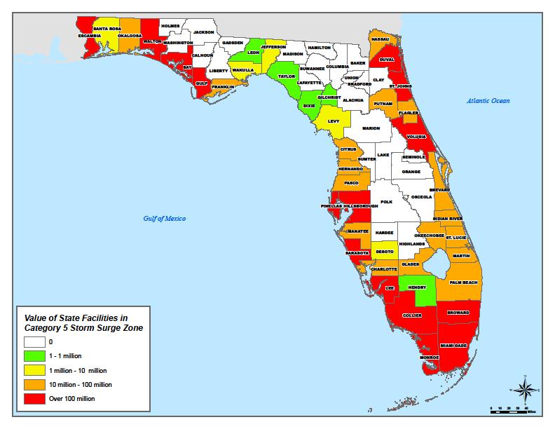 Figure 55: Value of State Facilities in Category 5 Storm Surge Zone This map shows that more counties would have estimated losses over 100 million dollars.