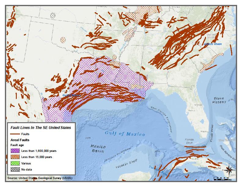 Figure 91: Southeast United States Fault Lines 3. Historical Occurrences of Seismic Events Earthquakes are very rare in Florida and there are no significant recorded incidents.