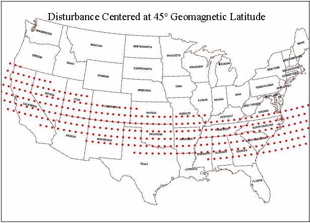 Figure 101: Disturbance Regions, Geomagnetic Storm, 45 degree Latitude 284 Below is a figure depicting the electric field amplitudes (color-scale) and direction (barbs) during a simulated