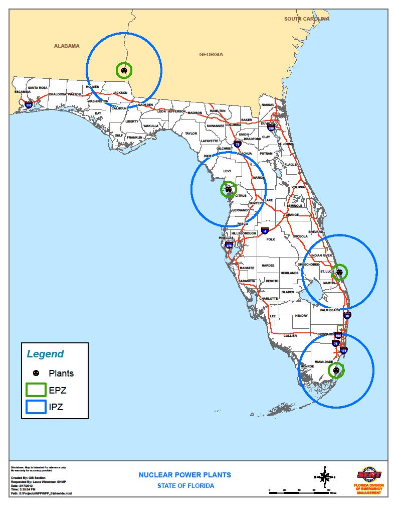 Figure 103: Florida Emergency Planning Zones and Ingestion Pathway Zones The University of Florida has a nuclear reactor for scientific research.