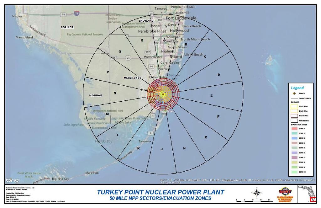 Figure 107: Turkey Point Nuclear Power Plant 50 Mile Ingestion Pathway Zone Vulnerable counties include Miami-Dade, Monroe, Broward, and Collier. 8.