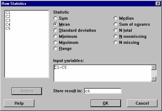 Click on Mean, select Input variables C1-C5 and Store result in
