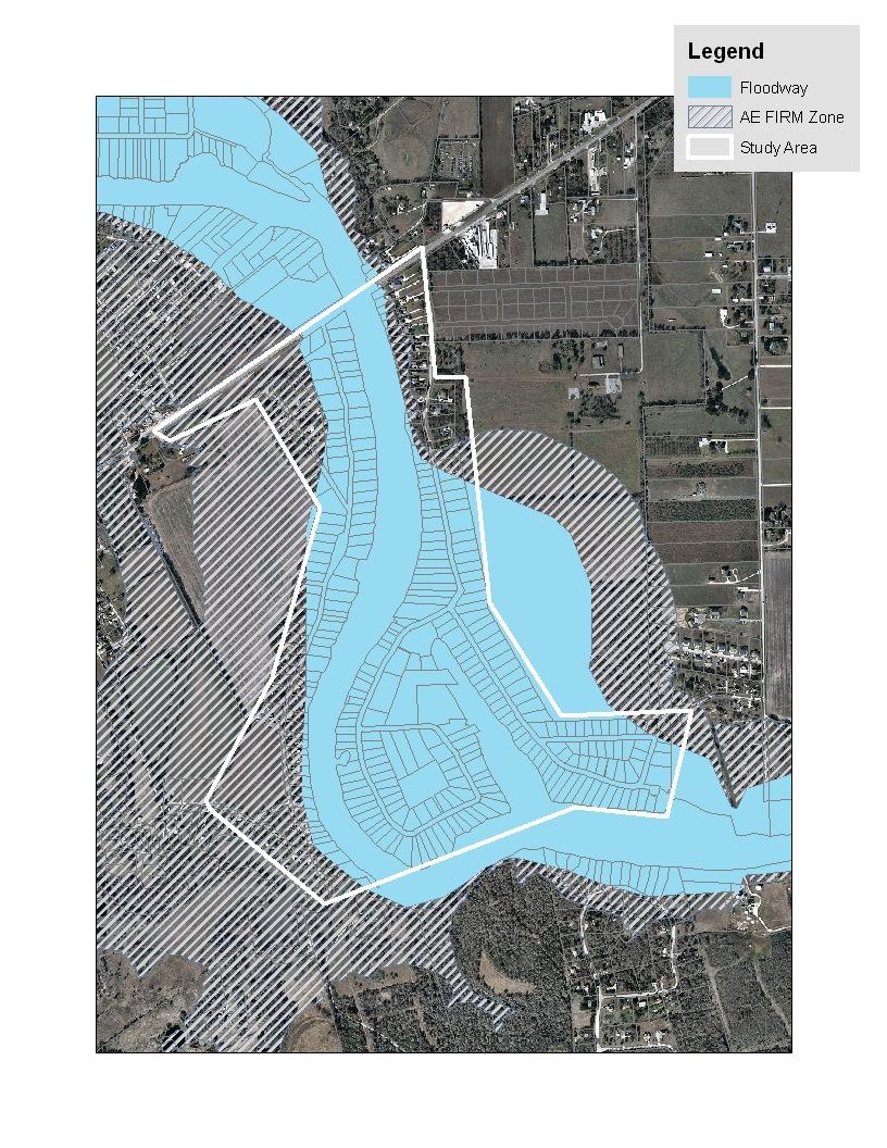 The Lake Placid analysis area falls in both AE (more risky) and X (less risky) flood zones, and in the Guadalupe River floodway.