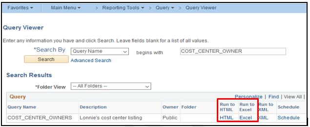 1. Enter the Query Name in the box next to begins with. 2. Click the Search button. 3.