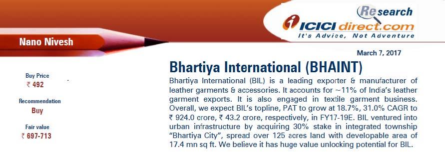 New Deal initiative Team coverage: At Your Service Bhartiya International 40% upside Highlights Spreading wings in steady leather business: BIL s increased focus on its newer businesses coupled with
