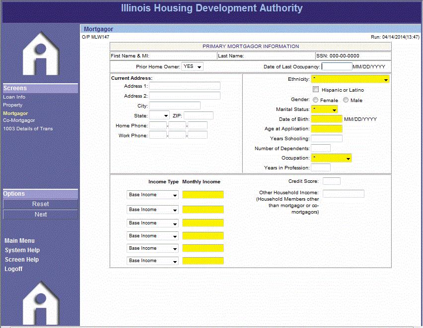 PRIMARY MORTGAGOR INFORMATION: Complete all necessary data fields on this screen. Note: See screen shot for mandatory fields.