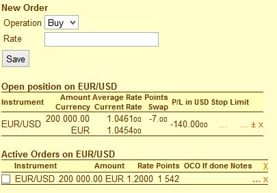 The result of the order placement can be seen right at the bottom of the trading page in the table with the active orders for EUR/USD. Similarly to that, you can place a Stop-order.