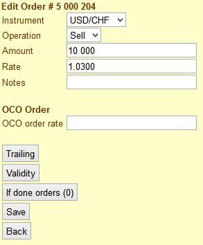 You can edit the instrument, operation, amount, and order rate here. You can also place an OCO order, enable trailing, edit validity, and tie If done orders.