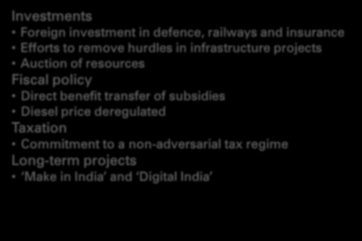 Government measures Several policy measures announced Investments Foreign investment in defence, railways and insurance Efforts to remove hurdles in infrastructure projects Auction of