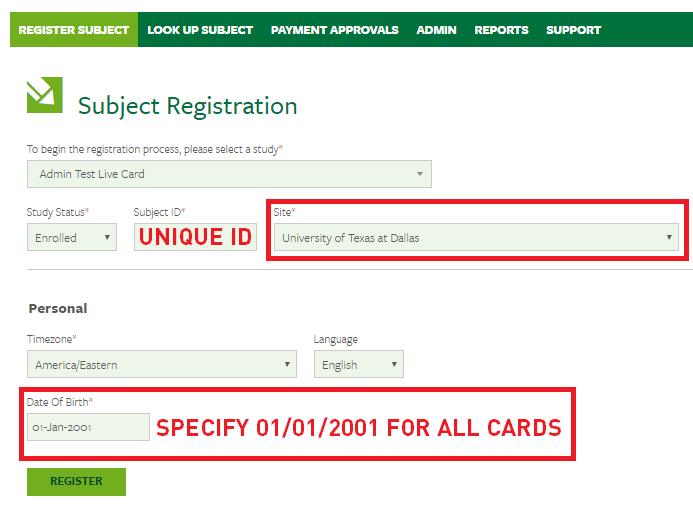At the Subject Registration screen (below), specify a Subject ID unique to this subject and this study (any string can be used). 4.