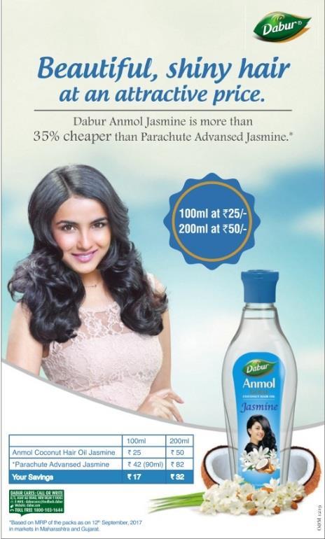 Disruptive pricing to gain share in light hair oil To gain share in light hair oil segment, Dabur India is looking to drive its Dabur Anmol Coconut Oil Jasmine through disruptive pricing at 35%