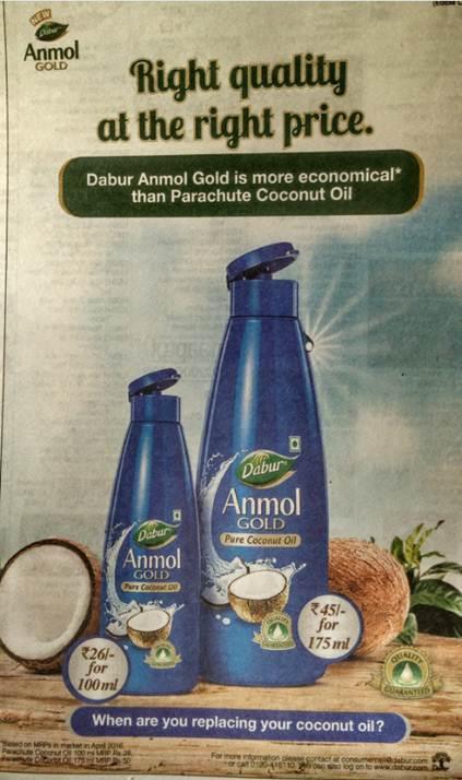 Dabur cuts coconut oil price In May 2016, Dabur offered Dabur Anmol Coconut oil at 7-10%