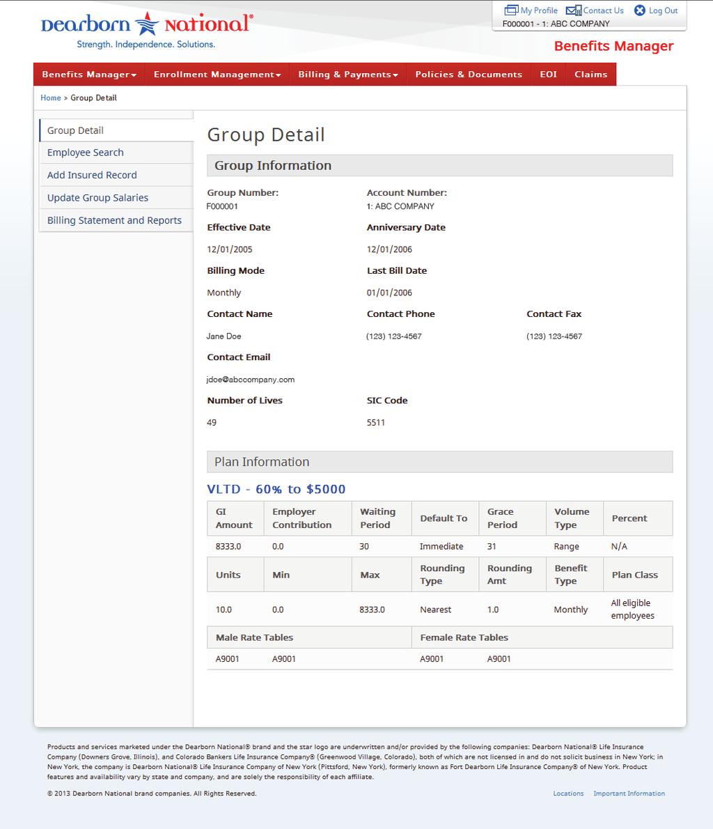 Group and Plan Information: Step 4: Click on the Group Detail link in the