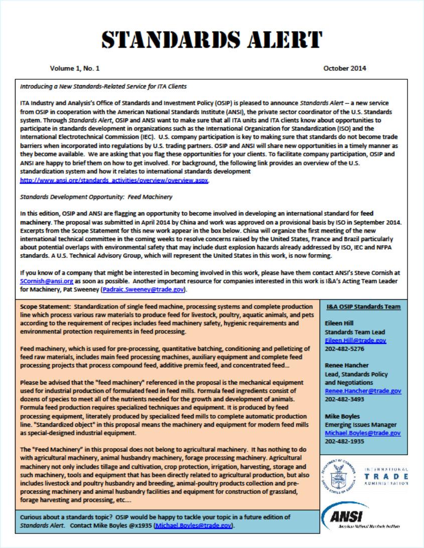 USG Resources: Standards Alert ITA Service to alert stakeholders to proposals for international standards development so they can protect their market